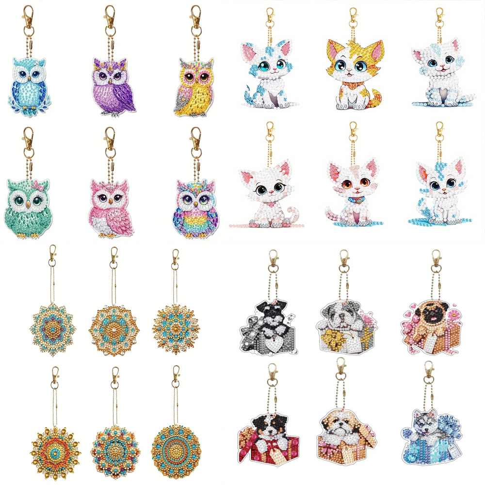 Resin Art Canvas - 6-piece/set DIY Diamond Keychain - Owl