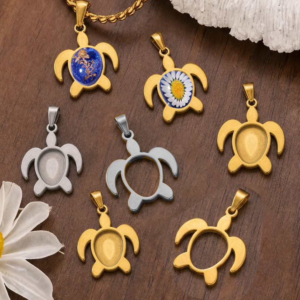 Resin Art Pendant - 5pcs Stainless Steel Turtle Pendant Fit